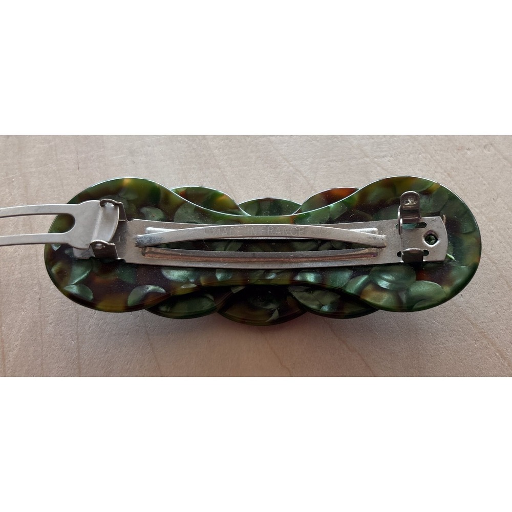 Vtg Mid Century Barrette Stay Tight Clasp Made in France Iridescent Mod Green - Picture 3 of 4